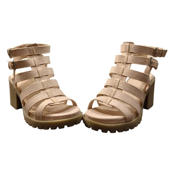 DL‎ Fun Stuff Blush Size 6.5 Strappy Gladiator Shoes Chunky Heel Buckle Y2K #611 - Picture 1 of 12